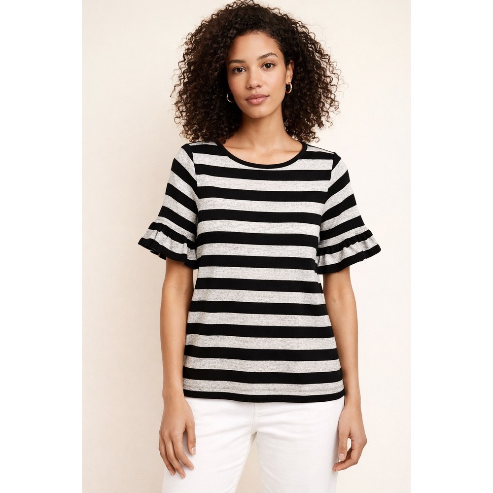 LOFT Striped Ruffle Sleeve Top Womens Size M Black Grey Knit Casual Tee